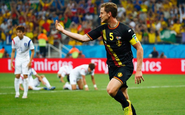 Belgium's Jan Vertonghen celebrates after scoring a goal against South Korea during the 2014 World Cup Group H soccer match at the Corinthians arena in Sao Paulo, June 26, 2014. Photo: Reuters