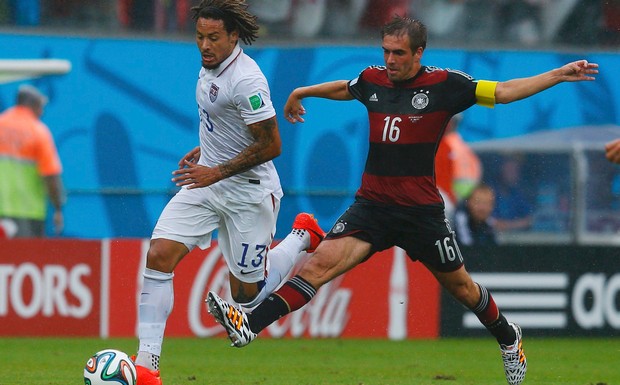 Jermaine Jones of the US (L) fights for the ball with Germany's Philipp Lahm during their 2014 World Cup Group G soccer match at the Pernambuco arena in Recife on Thursday. Photo: Reuters