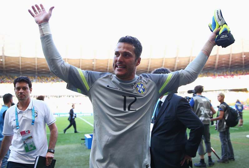 Julio Cesar of Brazil celebrates the win through a penalty shootout after the 2014 FIFA World Cup Brazil Round of 16 match between Brazil and Chile at Estadio Mineirao in Belo Horizonte, Brazil on Saturday.