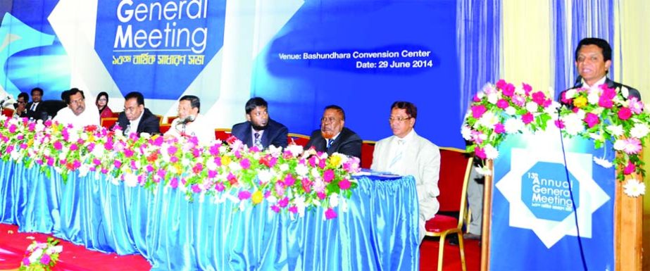 AK Azad, Chairman of the Board of Directors of Shahjalal Islami Bank Limited presiding over the 13th Annual General Meeting at Bashundhara Convention Centre in the city on Sunday. The AGM approves 10percent stock dividend for its shareholders for the year
