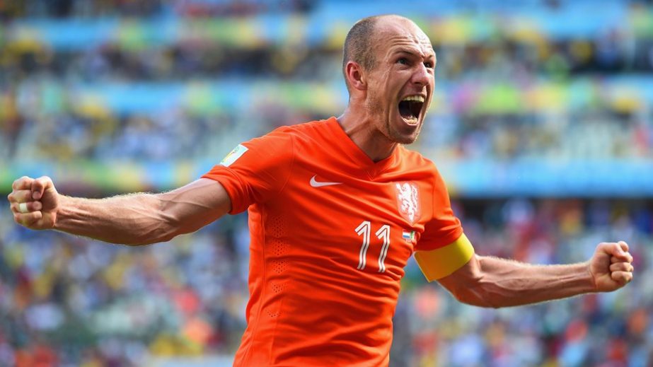 Arjen Robben of the Netherlands celebrates after defeating Mexico 2-1 during the 2014 FIFA World Cup Brazil Round of 16 match between Netherlands and Mexico at Castelao in Fortaleza, Brazil on Sunday.