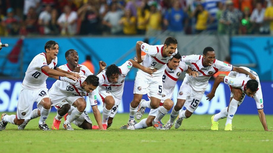 Costa Rica players celebrate the win after a penalty shootout during the 2014 FIFA World Cup Brazil Round of 16 match between Costa Rica and Greece at Arena Pernambuco in Recife, Brazil on Sunday.