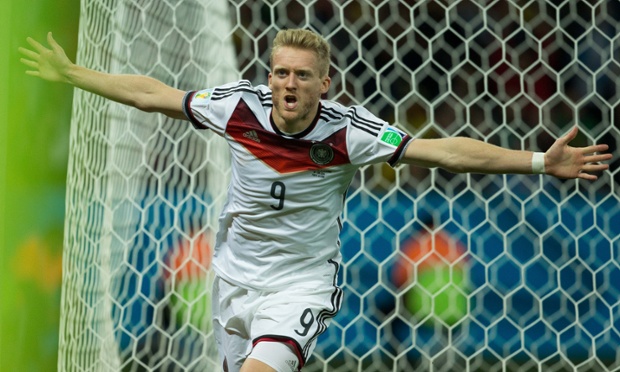 AndrÃ© SchÃ¼rrle of Germany celebrates after scoring a goal during the first period of extra time against Algeria. Photograph: Marcelo Machado de Melo/Fotoarena/Corbis