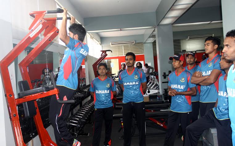 Players of Bangladesh Cricket team taking part at the practice session at the Gymnasium in Sher-e-Bangla National Cricket Stadium in Mirpur on Tuesday.