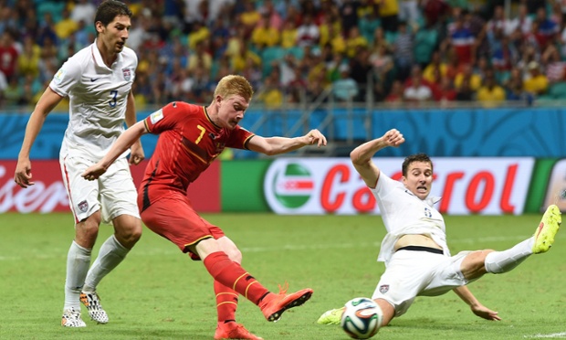 Belgium's Kevin De Bruyne opens the scoring for his side in their World Cup match against USA. Photograph: FRANCISCO LEONG/AFP/Getty Images