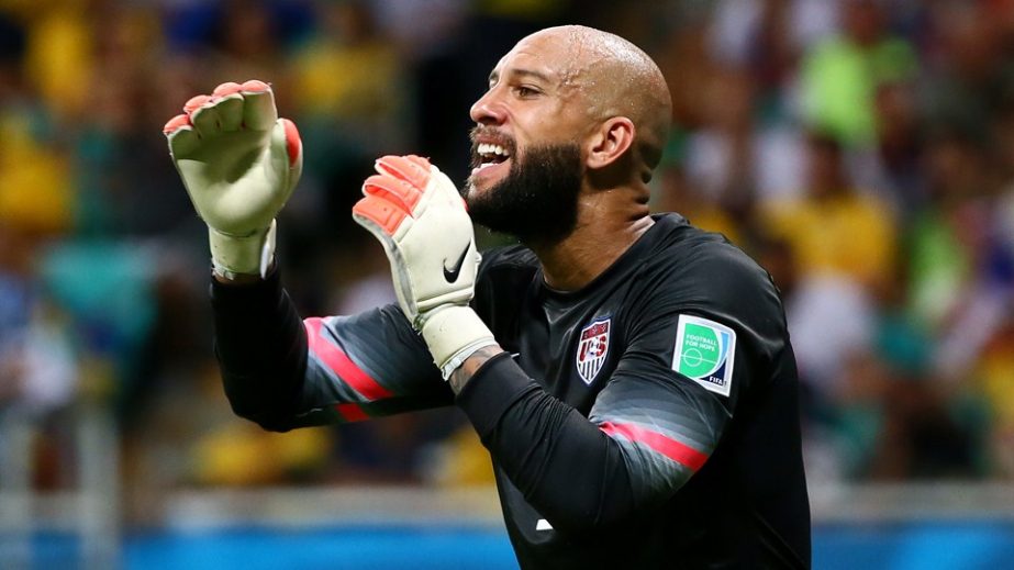 Tim Howard of the United States reacts during the 2014 FIFA World Cup Brazil Round of 16 match between Belgium and the United States at Arena Fonte Nova in Salvador, Brazil on Tuesday.