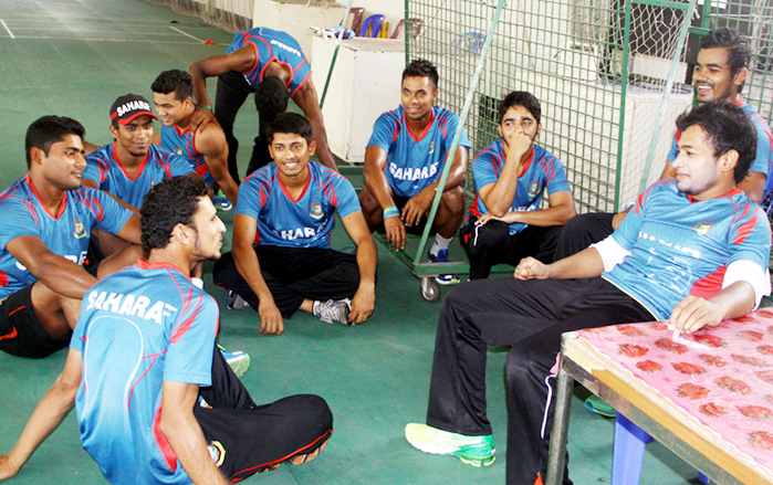 Players of Bangladesh Cricket team chatting during their practice session at the Sher-e-Bangla National Cricket Stadium in Mirpur on Wednesday.