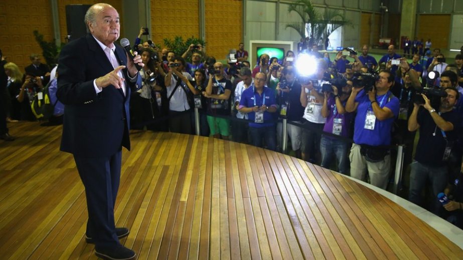 FIFA President Blatter visits the 2014 FIFA World Cup production team at the International Broadcast Centre in Rio de Janeiro. The IBC is the nerve centre of the FIFA production of the 2014 FIFA World Cup, which is broadcast to billions of football fans i