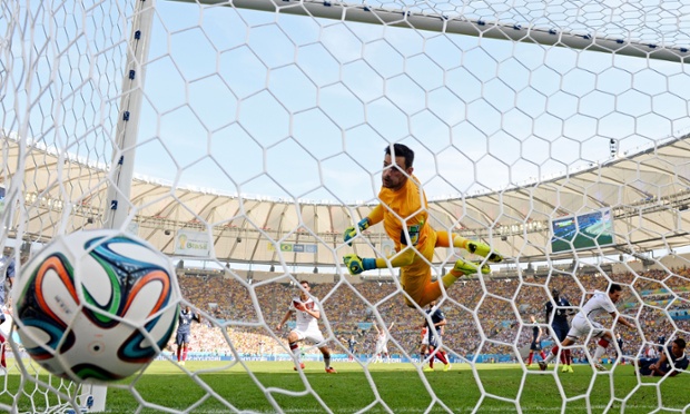 Mats Hummels scores for Germany against France. Photograph: Matthias Hangst/Getty Images