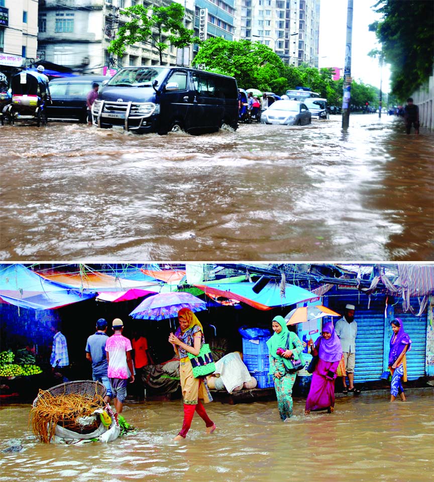 Streets along the Rajarbagh Police Line (top) and Shantinagar Bazar inundated as the city experienced heavy rains on Saturday.