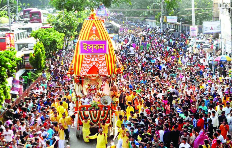 People of the Hindu community brought out a rally in the city on the occasion of 'Ulto Rathjatra', a religious festival of the community. The snap was taken from in front of the National Press Club on Monday.
