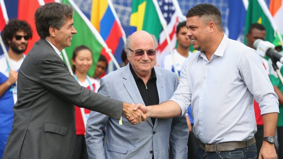 FIFA President Joseph S Blatter attends with Luis Fernandes, Brazilian Deputy Minister of Sports and Ronaldo the Football for Hope Festival at Vila Olimpica Mane Garrincha Caju in Rio de Janeiro, Brazil on Monday.