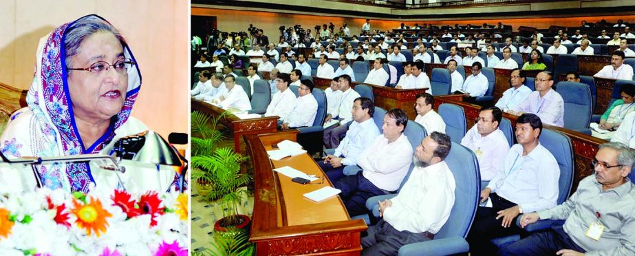 Prime Minister Sheikh Hasina addressing the inaugural programme of 3-day Deputy Commissioners' conference as the chief guest at her office in the city on Tuesday. BSS photo