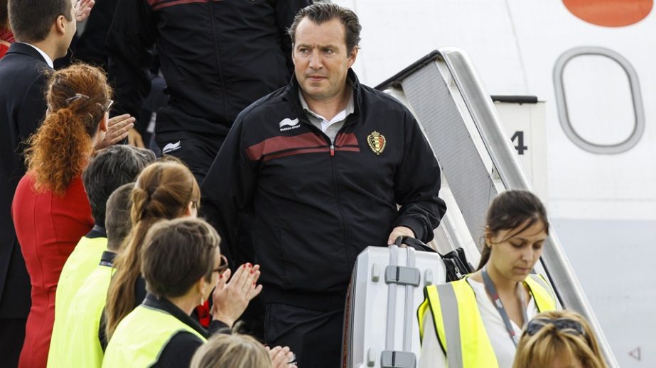 The head coach of the Belgian national football team Marc Wilmots arrives on Monday with players at Brussels Airport in Zaventem after Belgium was eliminated by Argentina on July 5 from the 2014 FIFA World Cup in Brazil.