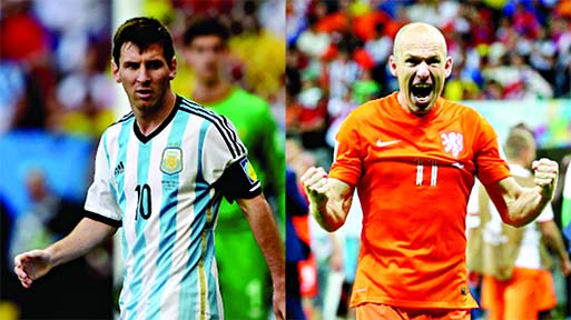 The World Cup's best dribblers Lionel Messi (left) and Arjen Robben (right) face off when Argentina and Netherlands meet in the semifinals tonight.