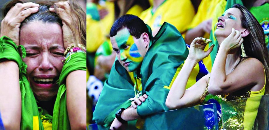 Brazil soccer fans cry as Germany defeat their team at the semifinal of 2014 FIFA World Cup match at the Mineirao Stadium in Belo Horizonte on Tuesday.