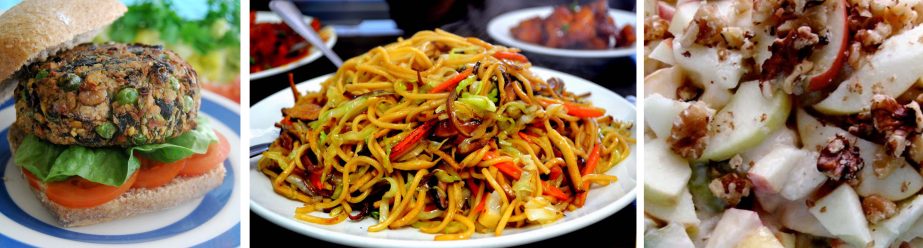 Bean Burger, Vegetable Chowmein, Yoghurt Fruit Salad