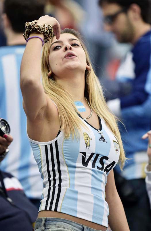 An Argentina supporter gestures before the World Cup semifinal soccer match between the Netherlands and Argentina at the Itaquerao Stadium in Sao Paulo Brazil on Wednesday.