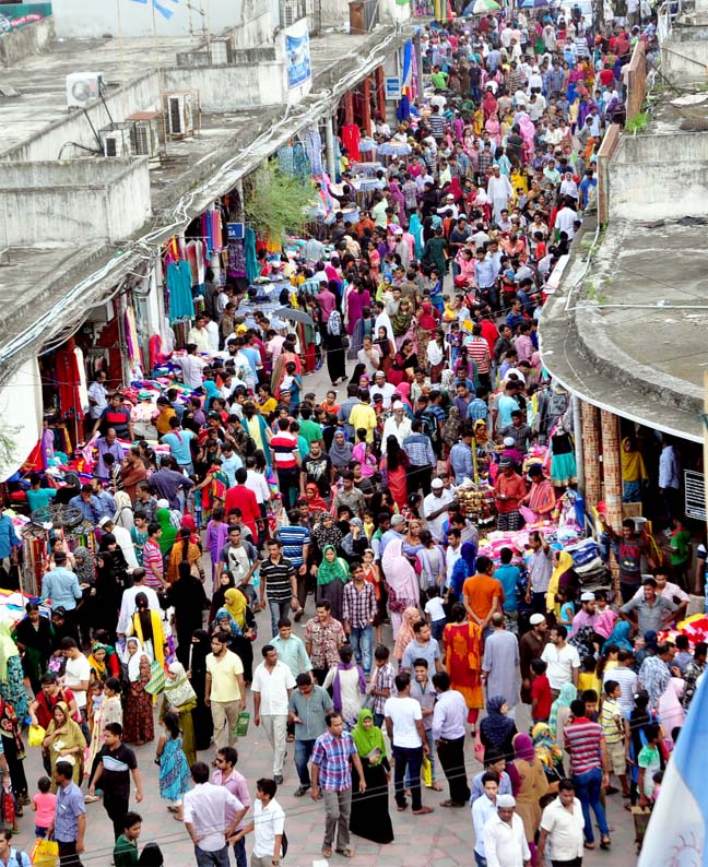 Buyers crowd the shopping center much ahead of the holy Eid-ul-Fitr. The snap was taken from the city's New Market on Friday.