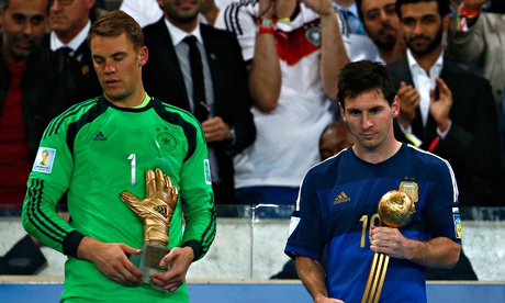 Argentina's Lionel Messi casts a dejected figure with his Golden Ball award alongside Golden Glove winner Manuel Neuer. Photograph: Clive Rose/Getty Images Lionel Messi has won the Fifa Golden Ball as the best player of World Cup 2014.