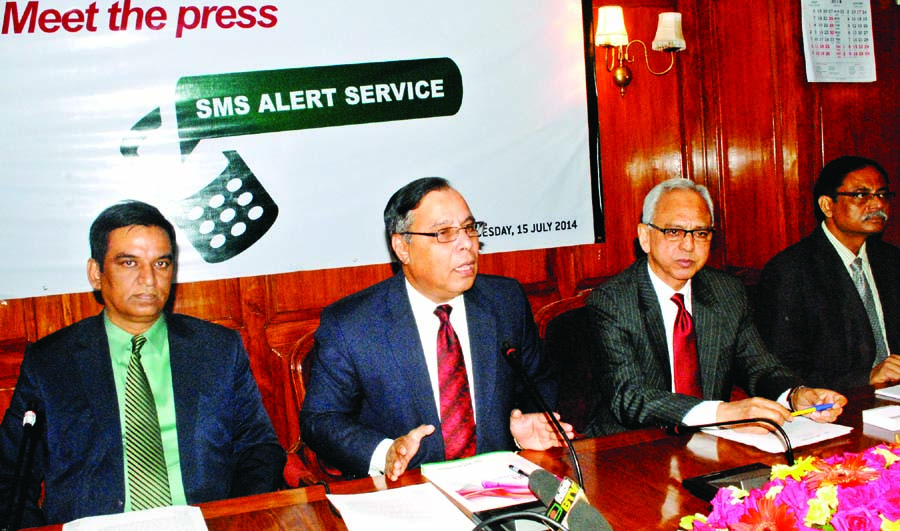 Helal Ahmed Chowdhury, Managing Director & CEO of Pubali Bank Limited, introducing SMS based banking services and announcing reduced interest rate from 16.5 to 15.0 at a `Meet the Press' at the board room of its head office on Tuesday.