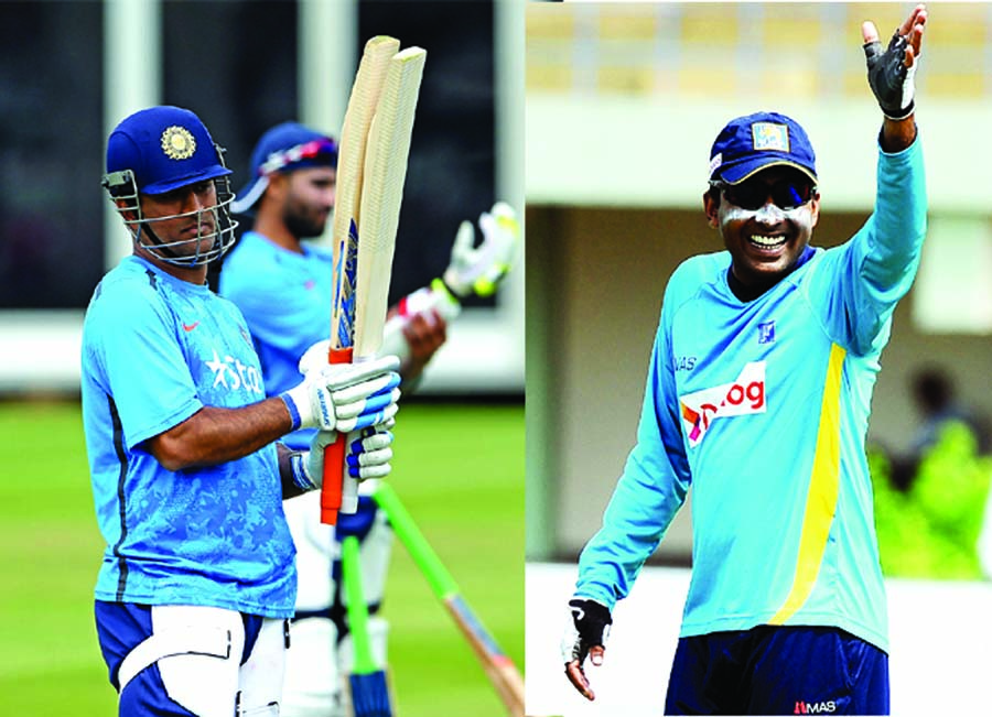 MS Dhoni examines his bat (left) and Mahela Jayawardene gestures during training session at Galle on Tuesday.