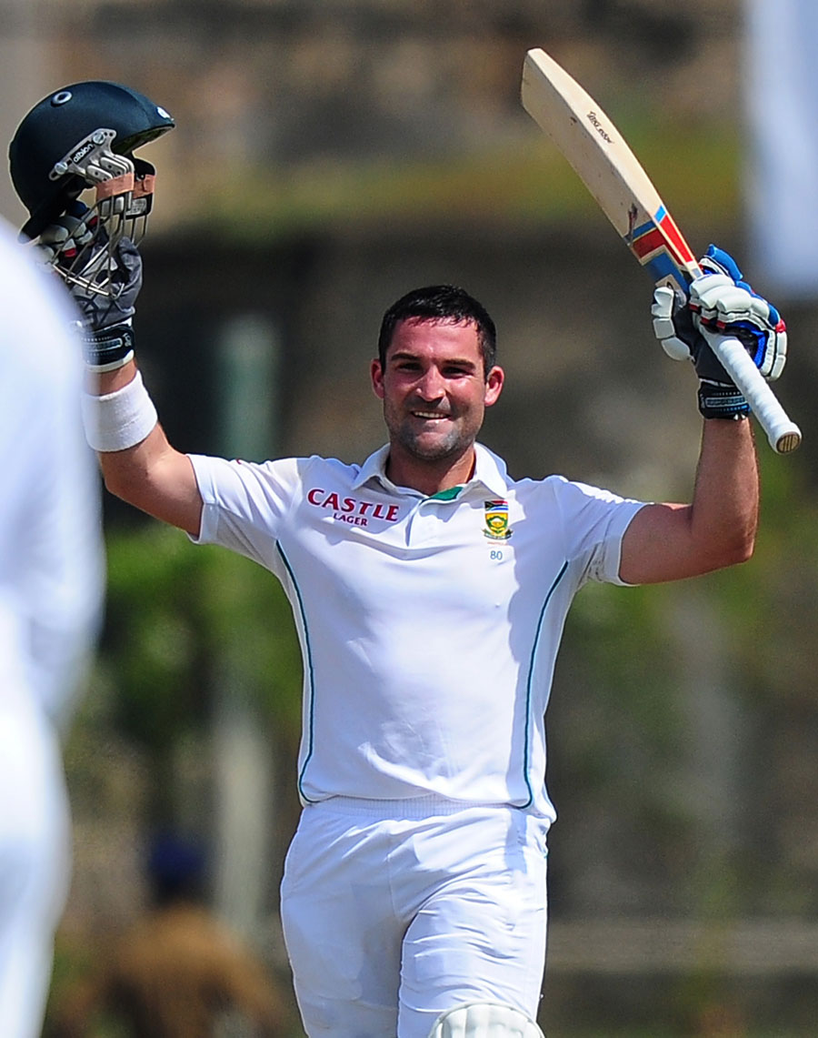 Dean Elgar is elated after scoring a hundred on the 1st day of 1st Test between Sri Lanka and South Africa at Galle on Wednesday.