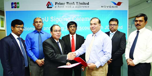 Habibur Rahman, Deputy Managing Director of Prime Bank Limited and Mofizur Rahman, Managing Director of NOVOAIR sign a deal at NOVOAIR head office in the city recently. Under the deal the bank's JCB Credit Cardholders will get 15% discount on domestic ai