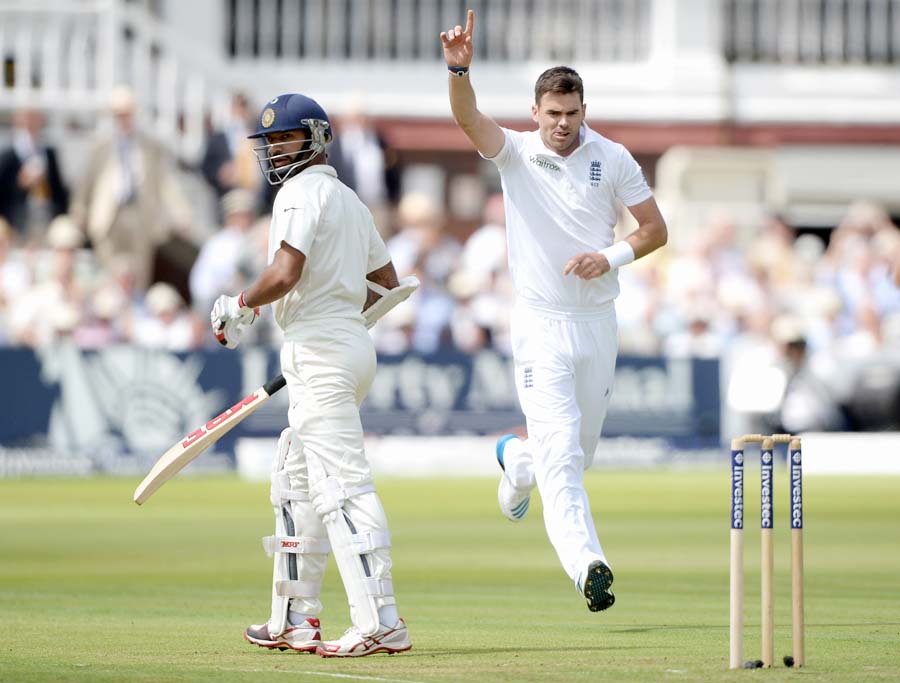 James Anderson had Shikhar Dhawan edging cheaply to slip on the 1st day of 2nd Investec Test between England and India at Lord's on Thursday.