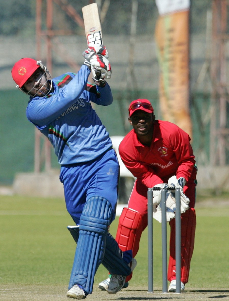 Samiullah Shenwari launches one over midwicket during the 1st ODI between Zimbabwe and Afghanistan at Bulawayo on Friday.