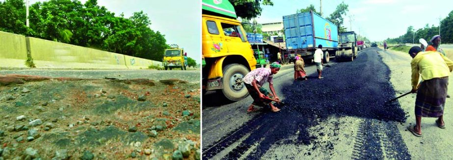 Ahead of holy Eid-ul-Fitr dilapidated roads are being repaired to make fit for vehicular movement. This photo was taken from Kumira area in Chittagong on Friday.