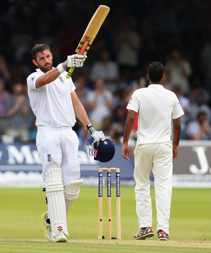 Liam Plunkett raises the bat after his half-century on 3rd day of 2nd Investec Test between England and India at Lord's on Saturday.