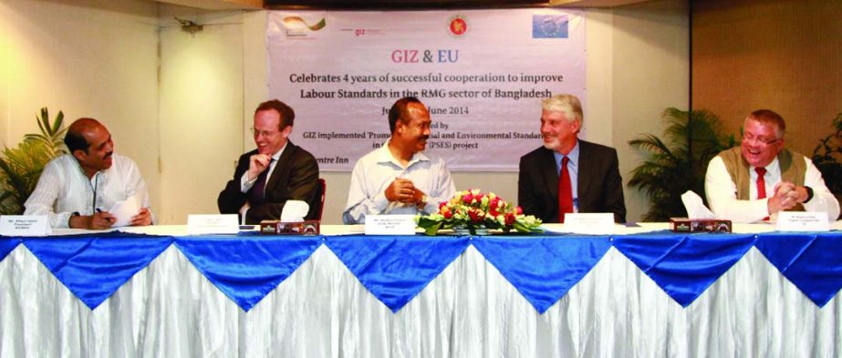 Labour and Employment Minister Mujibul Haque Chunnu, speaking on 'Promotion of Social and Environmental Standards in the Industry' organized by GIZ and EU at BRAC Center Inn in the city on Sunday. EU Ambassador William Hanna, and Magnus Schmid, programm