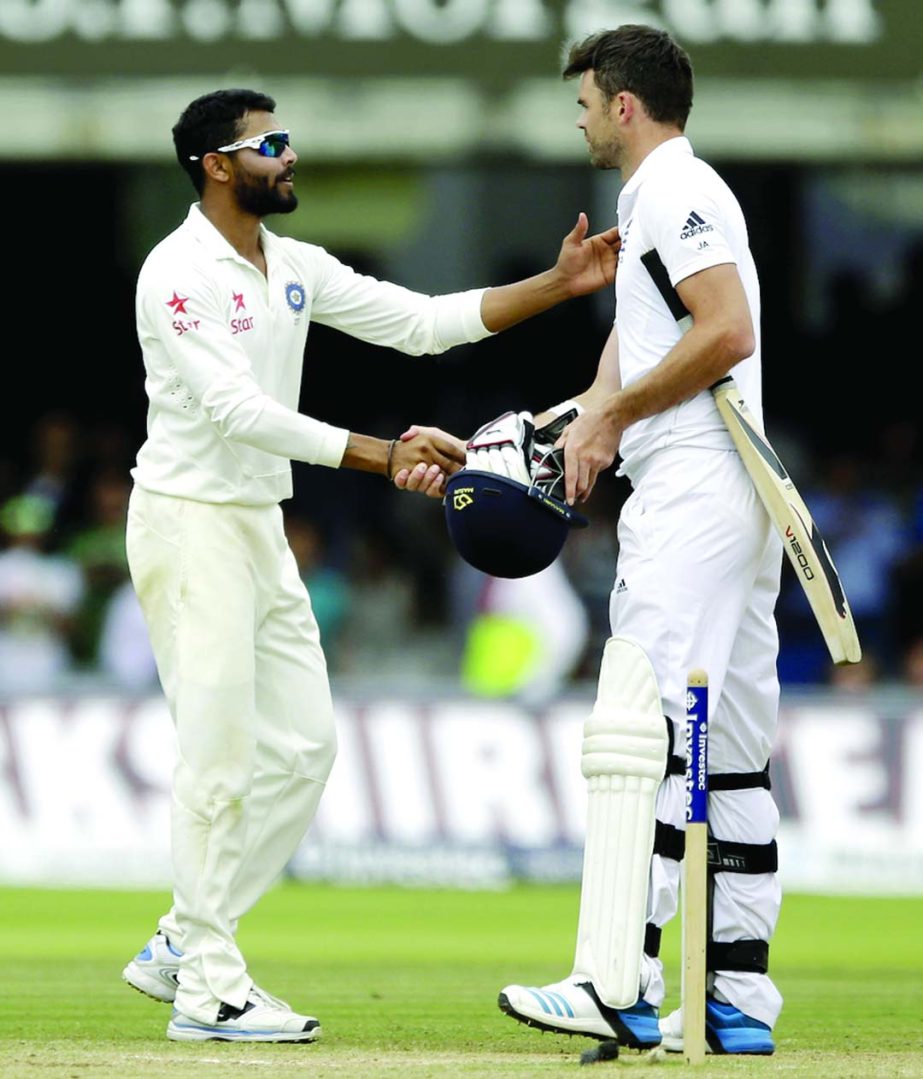 Ravindra Jadeja of India shakes hands with James Anderson after the win 2nd Investec Test against England at Lord's on Monday.