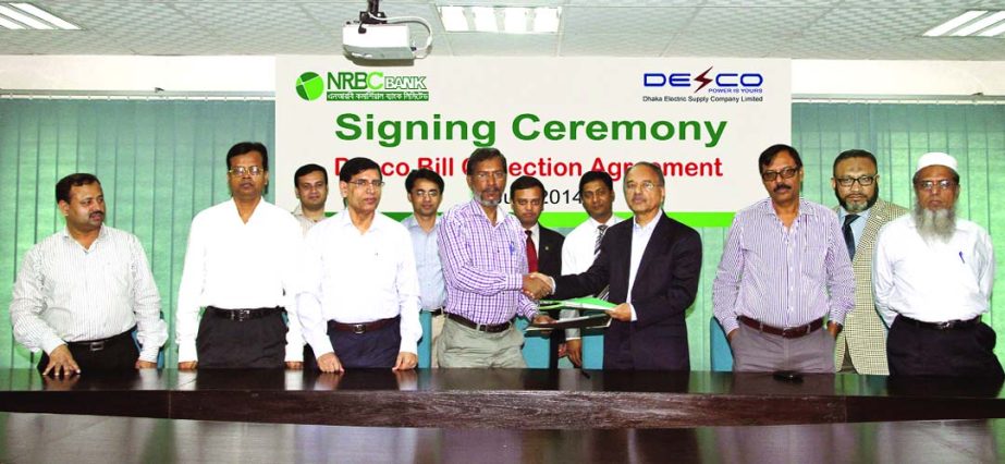 Dewan Mujibur Rahman, Managing Director of NRBC Bank and Md Shofiqul Islam, Company Secretary of DESCO sign a deal at DESCO head office in the city recently. Under the deal NRBC Bank shall receive electric bills of DESCO consumers at its Gulshan and Utta