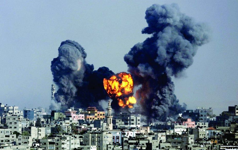 Smoke and fire from the explosion of an Israeli strike rise over Gaza City, as Israeli airstrikes pummeled a wide range of locations along the coastal area and diplomatic efforts intensified to end the two-week war.