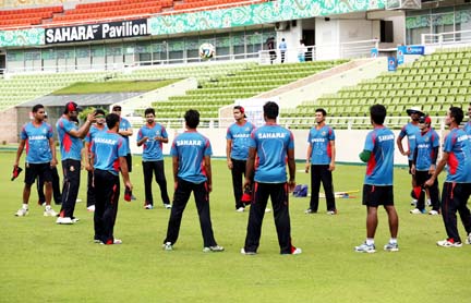 Members of Bangladesh National Cricket team during their practice session at the Sher-e-Bangla National Cricket Stadium in Mirpur on Thursday.