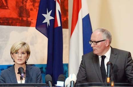 Australian Foreign Minister Julie Bishop (left) speaks during a joint press conference with Dutch Foreign Minister Frans Timmermans following a meeting in Kiev.