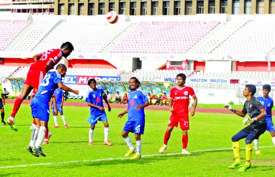 A moment of Nitol Tata Bangladesh Premier Football League between Muktizoddha Sangshad Krira Chakra and Uttar Baridhara Club at Bangabandhu National Stadium on Friday. Muktijoddha won the match 8-0.