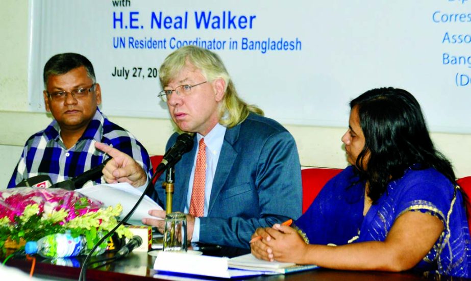 UN Resident Coordinator in Bangladesh Neal Walker speaking at an opinion sharing meeting organised by Diplomatic Correspondents Association, Bangladesh at the National Press Club in the city on Sunday.