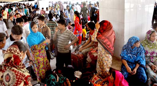 Hundreds of home-goers along with women and children have been suffering at the Kamalapur Railway Station in absence of scheduled train delayed for hours on Sunday.