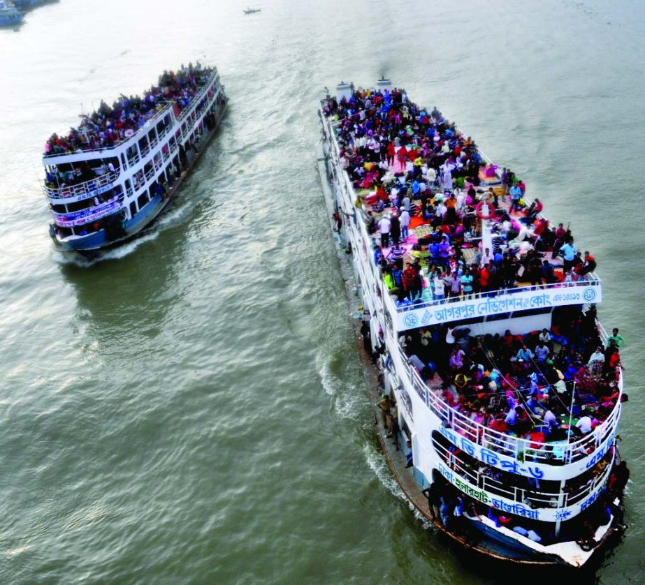 Launches with hundreds of home-goers on their roof-tops left Sadarghat Terminal on Sunday.
