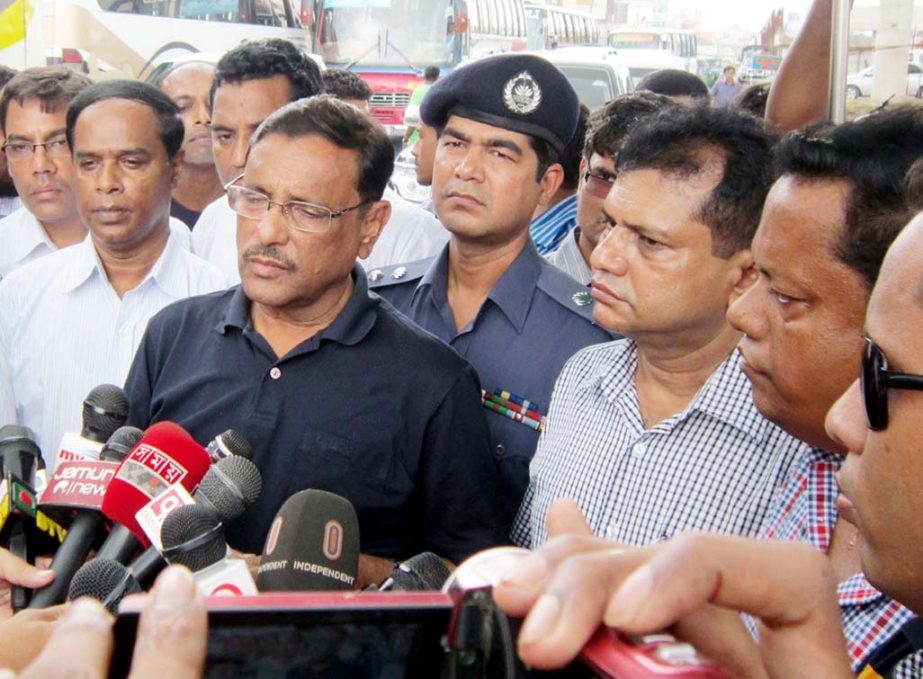 Communications Minister Obaidul Quader MP talking to journalists after visiting Railway Overpass work at Paduar Bazaar area on Dhaka-Chittagong Highway yesterday.