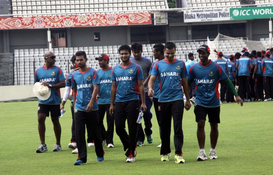 Players of Bangladesh Cricket team coming out from field after practice session at the Sher-e-Bangla National Cricket stadium in Mirpur on Sunday.