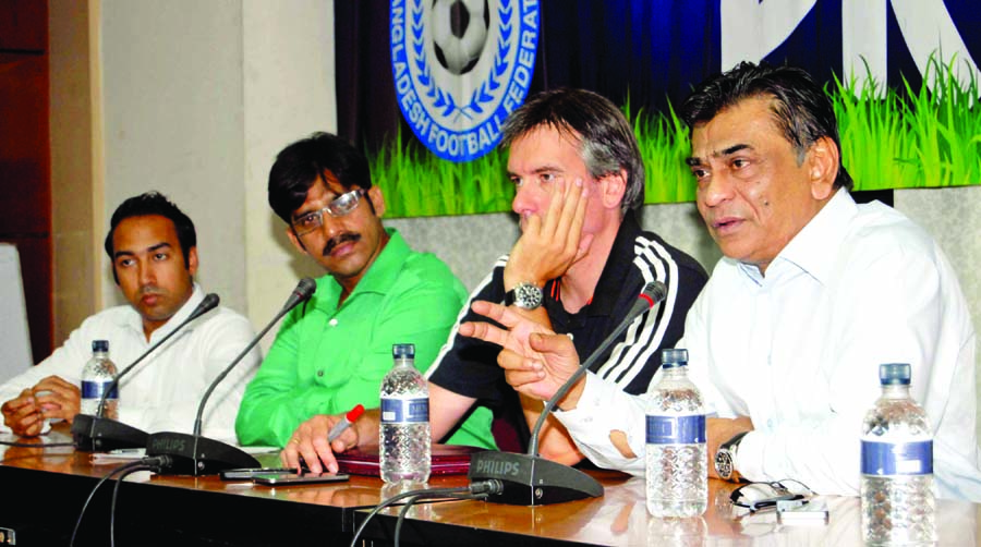 Bangladesh Football Federation President Kazi Salauddin addressing a discussion meeting at the BFF bhaban on Sunday.