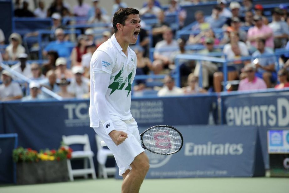 Milos Raonic celebrates after he beat fellow Canadian Vasek Pospisil in the men's singles final match at the Citi Open tennis tournament in Washington on Sunday. Raonic won 6-1, 6-4.