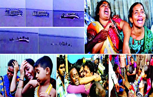 Overloaded launch Pinack-6 carrying over 250 passengers sank in the River Padma near Mawa Ghat in Louhajang on Monday. Top left photo shows the gradually phases of the sinking launch and relatives of the Passengers on board wailing for their near and dear