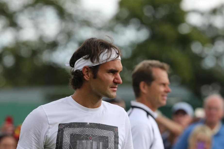 Switzerland's Roger Federer (L) is pictured during a training session with his coach Stefan Edberg on Tuesday.