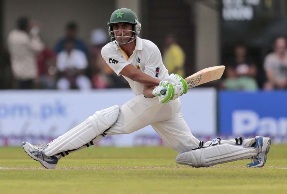 Pakistani cricketer Younis Khan bats during the first day of the first Test cricket match between Sri Lanka and Pakistan in Galle, Sri Lanka on Wednesday.