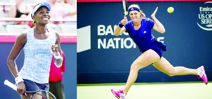 Venus Williams (left) celebrates after defeating Anastasia Pavlyuchenkova of Russia (right) in a first round match at the Rogers Cup tennis tournament in Montreal on Tuesday.